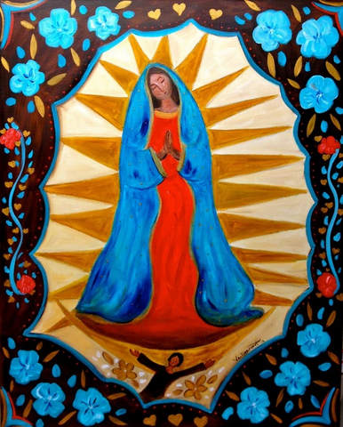 Sandy Vaillancourt, "Guadalupe with Blue Flowers" LG Framed Print